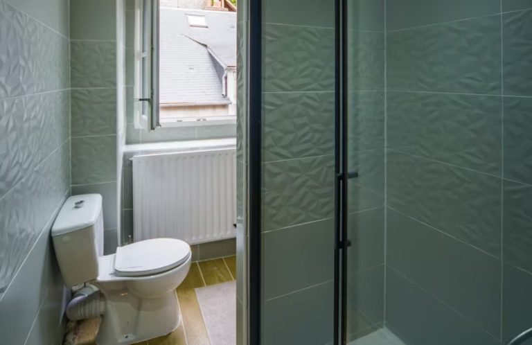 Baño moderno con ducha, WC y ventana.